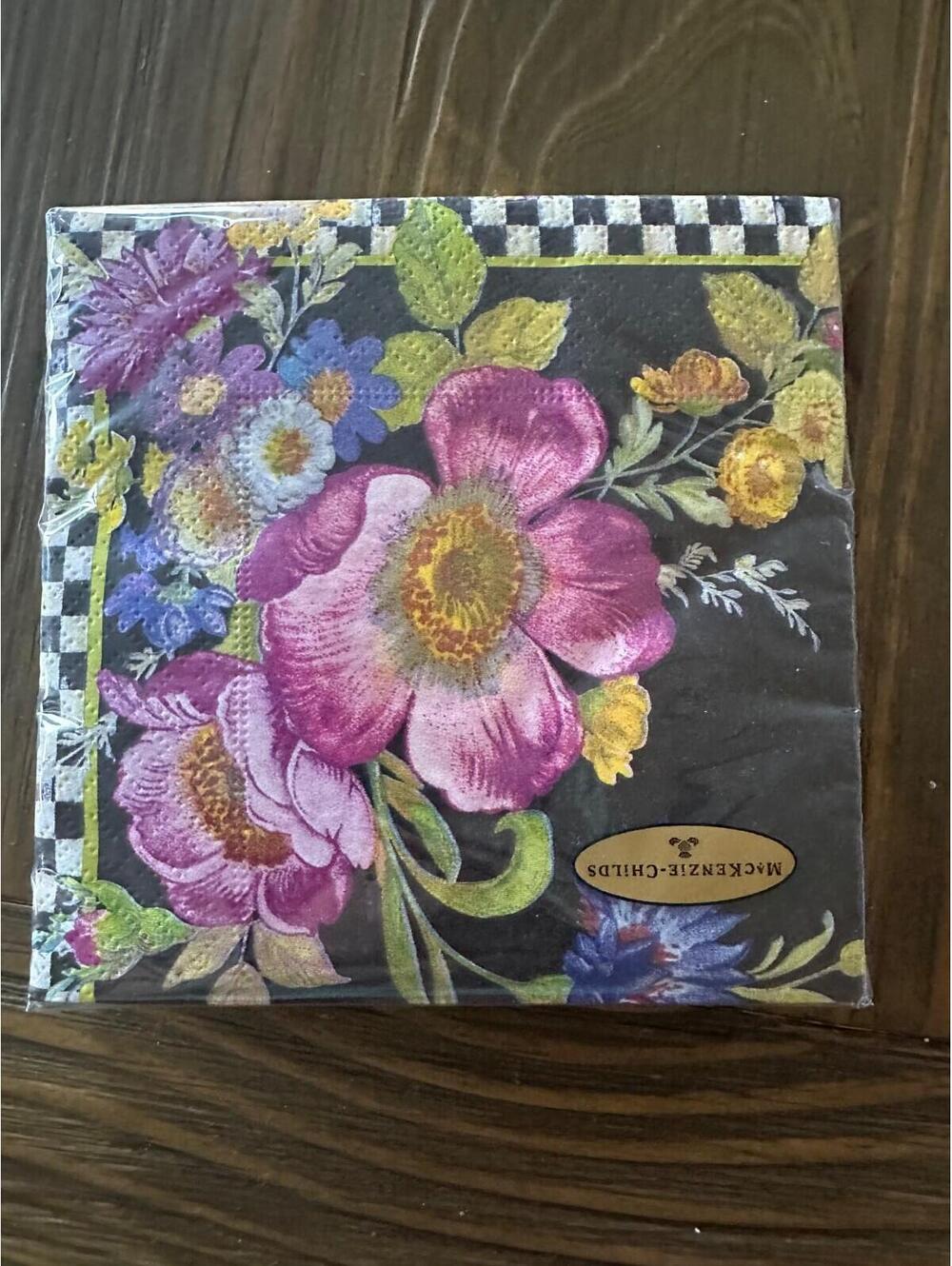 MacKenzie-Childs Black Flower Market Cocktail Napkins 5"×5"  (20)  Free Ship